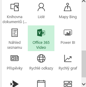 Snímek obrazovky s tlačítkem nabídky videa Office 365 na SharePointu