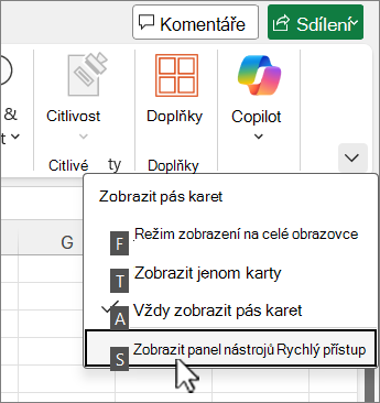 Příkaz Klávesnice pro zobrazení panelu nástrojů Rychlý přístup
