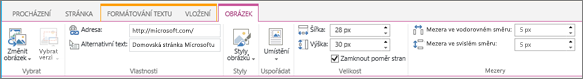 Snímek obrazovky zobrazuje část pásu karet v SharePointu Online s vybranou kartou Obrázek a možnostmi dostupnými ve skupinách Vybrat, Vlastnosti, Styly, Uspořádat, Velikost a Mezery.