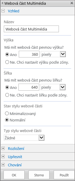 Snímek obrazovky s dialogovým oknem Webová část Multimédia v SharePointu Online. Zadejte nastavení týkající se Vzhledu, Rozložení, Rozšířených možností a Chování multimediálních souborů. Zobrazené jsou možnosti týkající se Vzhledu, včetně názvu, výšky, šířky, stavu stylu webové části a typu.