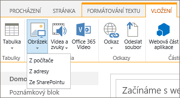 Snímek obrazovky s pásem karet v SharePointu Online. Vyberte kartu Vložit a pak možnost Obrázek. Pak se rozhodněte, jestli chcete nahrát soubor z počítače, webové adresy nebo sharepointového umístění.