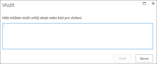 Snímek obrazovky s dialogovým oknem Vložit v SharePointu Online, kde můžete vložit skript nebo kód pro vložení videosouborů nebo zvukových souborů a pak tento kód vložit.