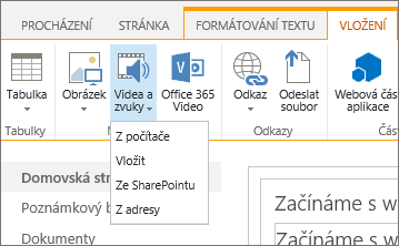 Snímek obrazovky s pásem karet v SharePointu Online. Vyberte kartu Vložit a pak možnost Video a zvuk. Pak určete, jestli chcete přidat soubor z počítače, sharepointového umístění, webové adresy nebo prostřednictvím kódu pro vložení.
