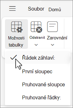 Nabídka Možnosti tabulky s vybranou možností Řádek záhlaví v Outlook na webu