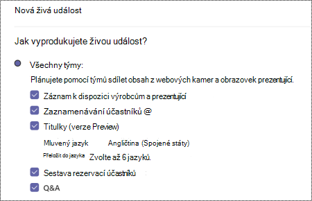 Dialogové okno pro výběr možnosti kontroly kvality pro živou událost Teams při plánování události