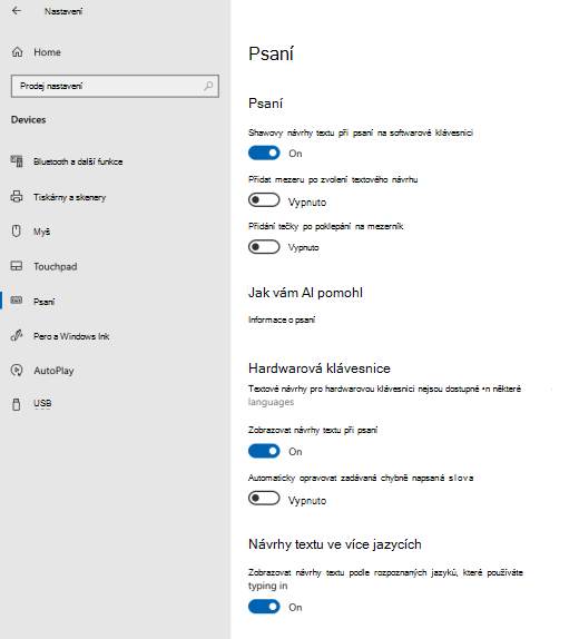 Možnost pro našeptávání textu při psaní ve Windows