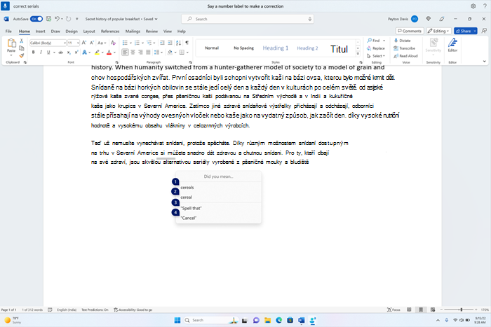 Wordový dokument zobrazující okno oprav s kandidáty na textové obiloviny.
