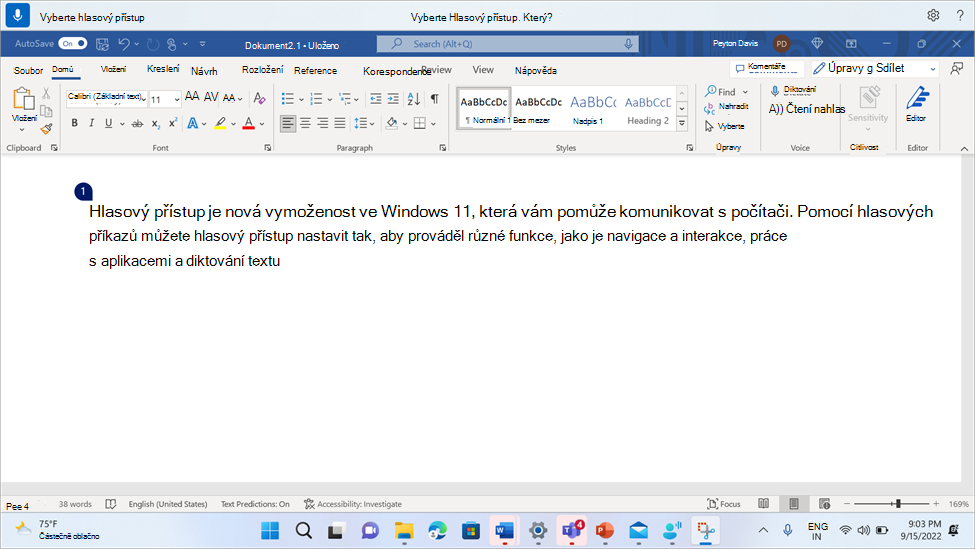 Dokument aplikace Word zobrazující hlasový přístup s výzvou, aby uživatel vybral jeden výskyt z mnoha.