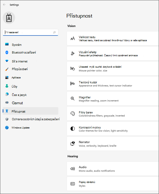 Nastavení usnadnění ve Windows 11