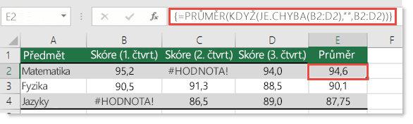 Maticová funkce ve funkci PRŮMĚR pro řešení chyby #HODNOTA!