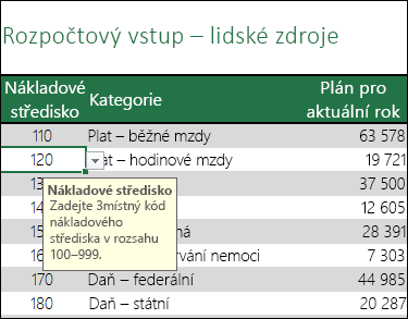 Když uživatelé vyberou buňku, zobrazí se zpráva při zadávání
