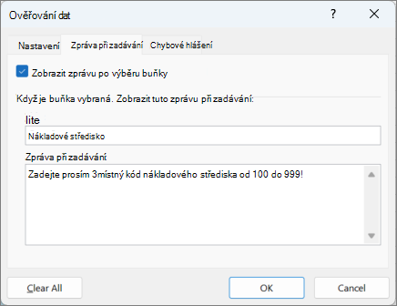 Nastavení zprávy při zadávání v dialogovém okně Ověření dat