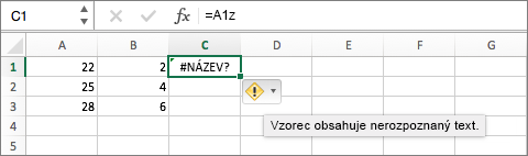 Vysvětlení chyby zobrazíte umístěním kurzoru na symbol chyby