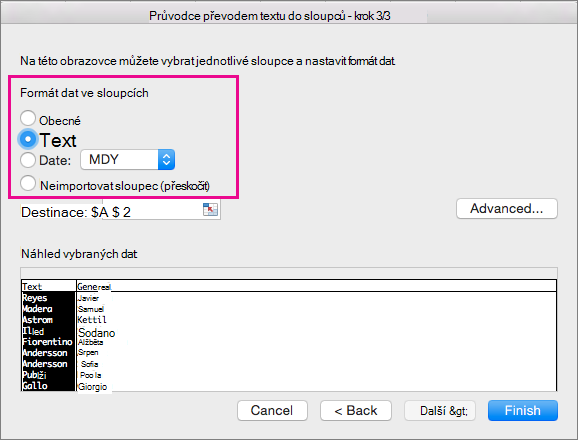 Step 3 in the wizard, Text option selected