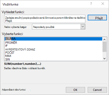 Dialogové okno Vložit funkci