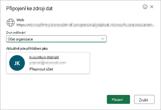 Zobrazí okno Připojit ke zdroji dat s rozevíracím seznamem pro výběr typu ověřování.