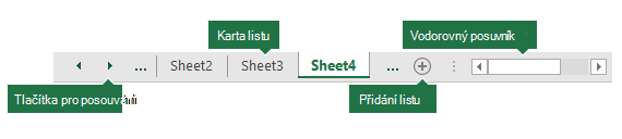 Ouška listů aplikace Excel v dolní části podokna aplikace Excel