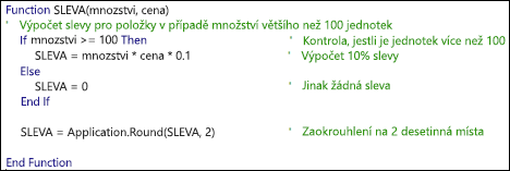 Příklad funkce jazyka VBA s komentáři