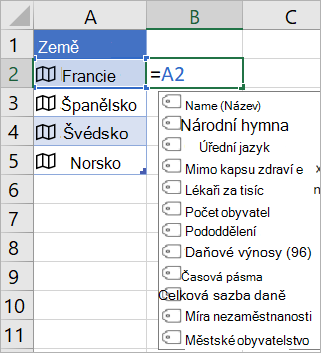 Buňka A2 obsahuje Francii; Buňka B2 obsahuje =A2. a objeví se nabídka automatického dokončování vzorce s poli z propojeného záznamu.