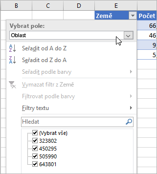 Nabídka Filtr, nabídka Zobrazit hodnotu, zobrazená pole z propojeného datového typu