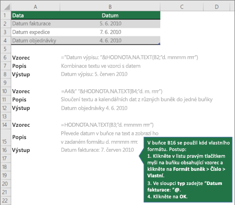 Příklady, které ukazují, jak mohou vzorce kombinovat text s hodnotami data a času