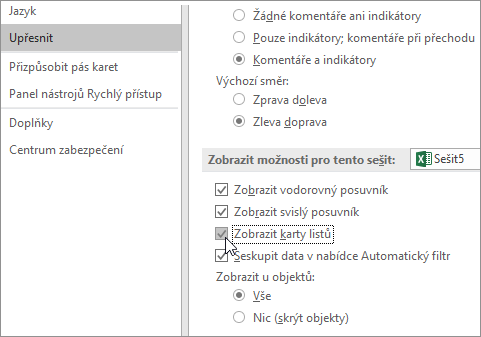 Zobrazení oušek listů v možnostech Excelu