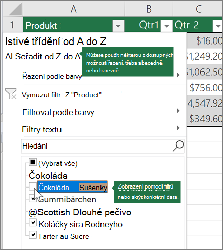 Seřazení nebo použití filtru v tabulce