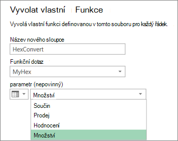 Dialogové okno Vyvolat vlastní funkci