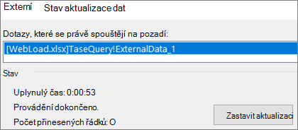 Dialogové okno Stav aktualizace externích dat