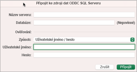 Dialogové okno SQL Server pro zadání serveru, databáze a přihlašovacích údajů