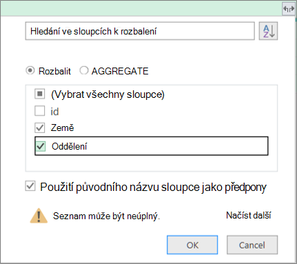 rozšíření strukturované tabulky do tabulky dotazu