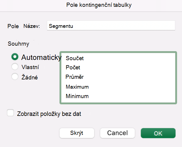 Přidání pole kontingenční tabulka