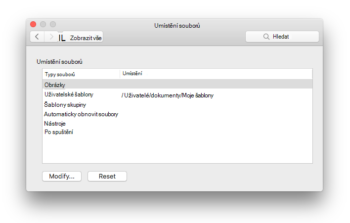 snímek obrazovky s panelem předvoleb Umístění souborů z Microsoft Wordu