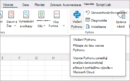Přejděte na Vzorce a pak vyberte Vložit Python.