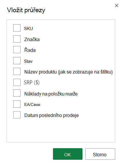 Snímek obrazovky s možnostmi vloženého průřezu