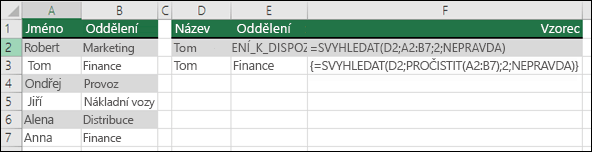 Použití funkce SVYHLEDAT s funkcí PROČISTIT v maticovém vzorci k odebrání úvodních a koncových mezer. Vzorec v buňce E3 je {=SVYHLEDAT(D2,PROČISTIT(A2:B7),2,NEPRAVDA)} a musí být zadaný pomocí kombinace kláves CTRL+SHIFT+ENTER.