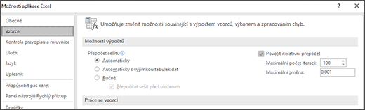 Snímek obrazovky s nastavením pro iterativní přepočet