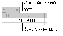 Řádek vzorců a související buňka