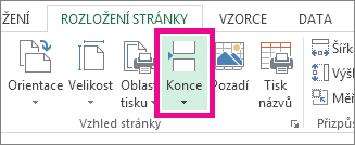 Kliknutí na Konce na kartě Rozložení stránky