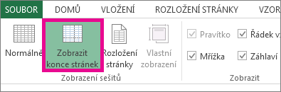 Kliknutí na Zobrazit konce stránek na kartě Zobrazení