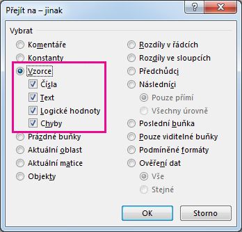 Možnosti pro hledání vzorců v dialogovém okně Přejít na – jinak