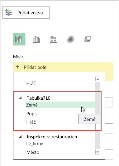 Možnost Přidat umístění v podokně Vrstva