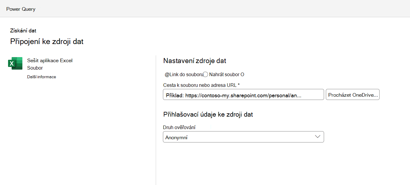 Nabídka nastavení připojení ke zdroji dat