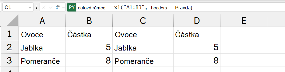 Obsah datových rámců vrácený jako excelové hodnoty.
