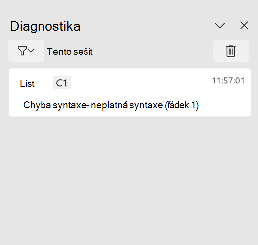 Podokno úloh diagnostiky Pythonu v Excelu zobrazující chybu syntaxe