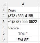 Použití funkce REGEXTEST ke kontrole, zda mají telefonní čísla specifickou syntaxi, se vzorem ^\([0-9]{3}\) [0-9]{3}-[0-9]{4}$