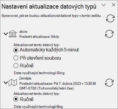 Podokno Nastavení aktualizace pro datové typy