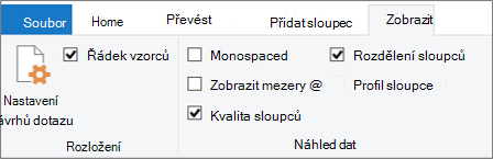 Možnosti profilace dat na kartě Zobrazení na pásu karet Editoru Power Query