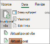 Ukazatel myši na příkaz Aktualizovat na pásu karet