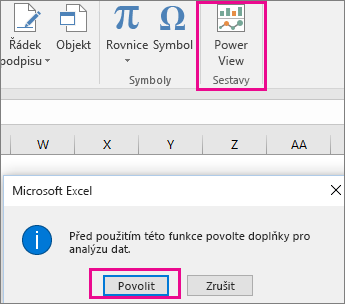 Tlačítko vlastního zobrazení kontingenční tabulky a dialog zapnutí doplňku v Excelu